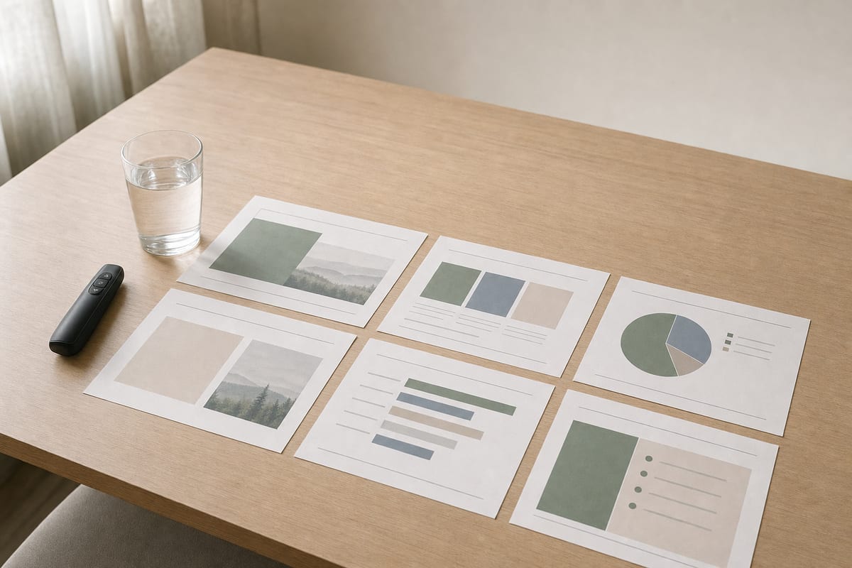 PowerPoint Presentation — printed slide handouts laid in a grid, a clicker and a glass of water