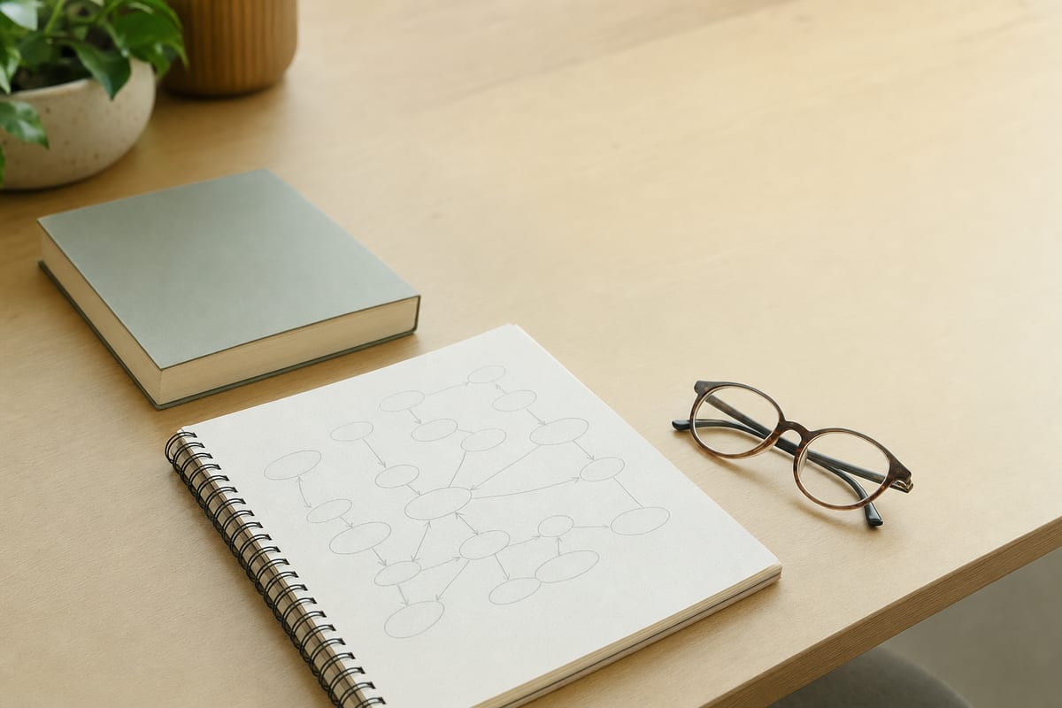 Psychology — academic paperback face down, a notebook with a concept map in pencil and reading glasses