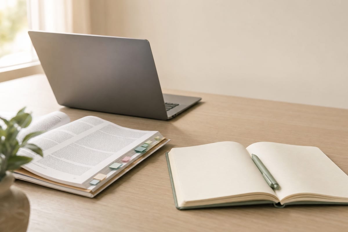 Reaction Paper — printed journal articles with coloured tabs, an open notebook and a laptop turned away