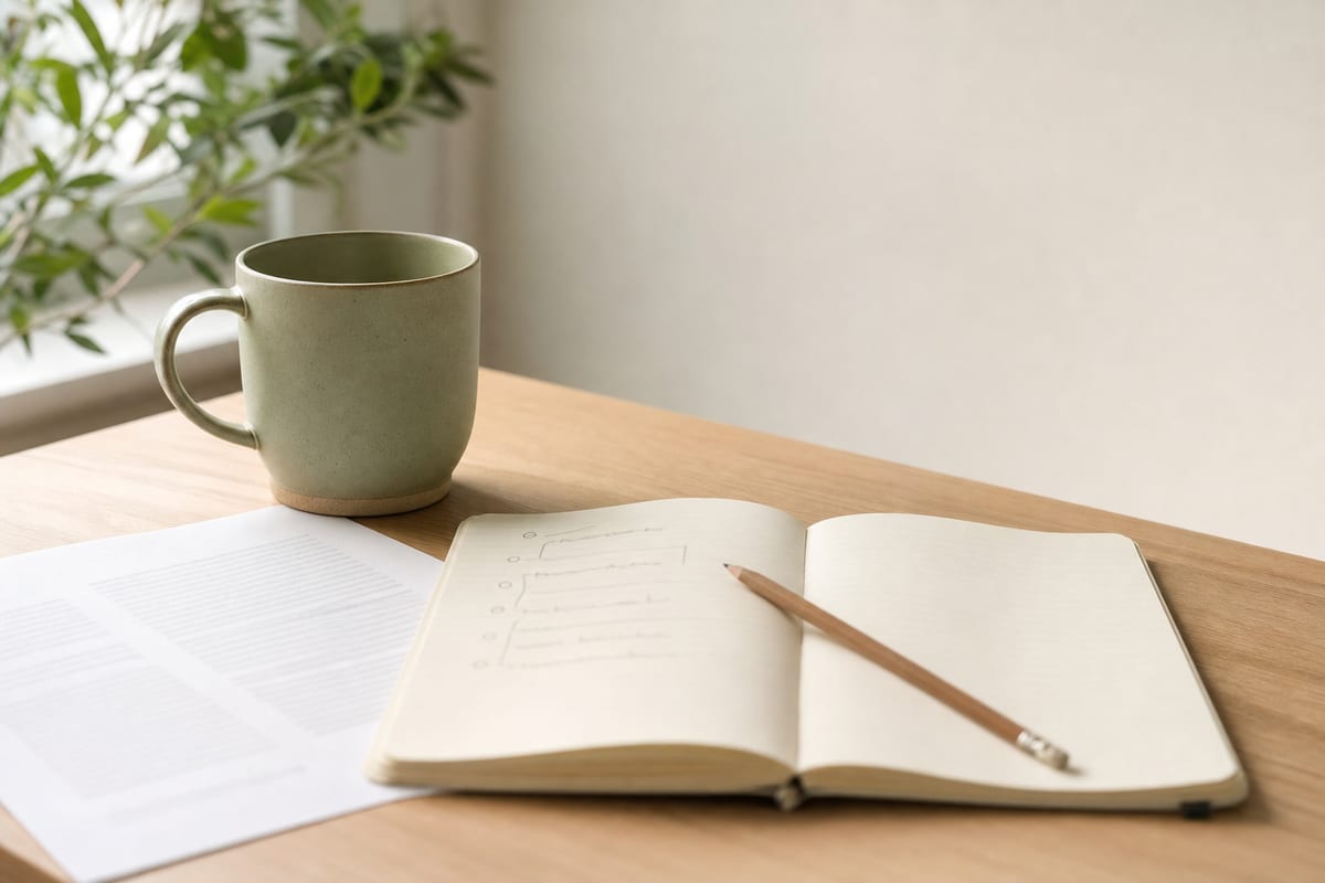 Reflective Essay — open notebook with a short outline in pencil