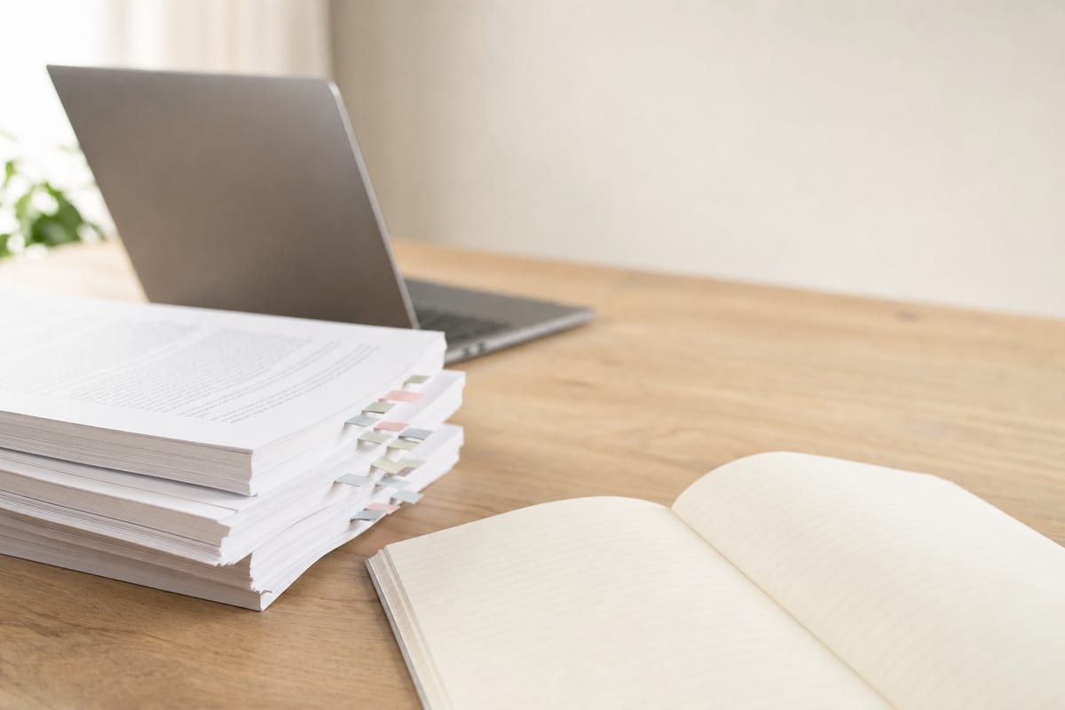 Research Proposal — printed journal articles with coloured tabs, an open notebook and a laptop turned away