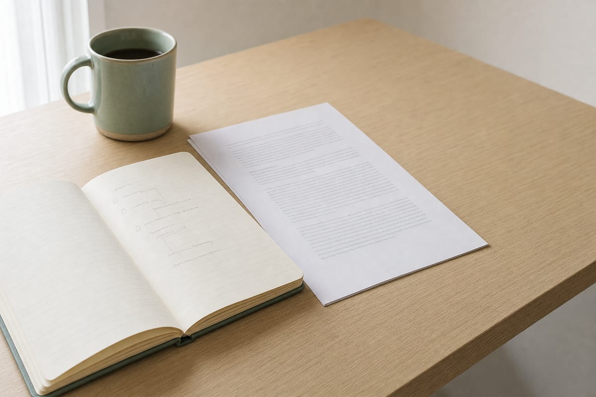Rhetorical Essay — open notebook with a short outline in pencil
