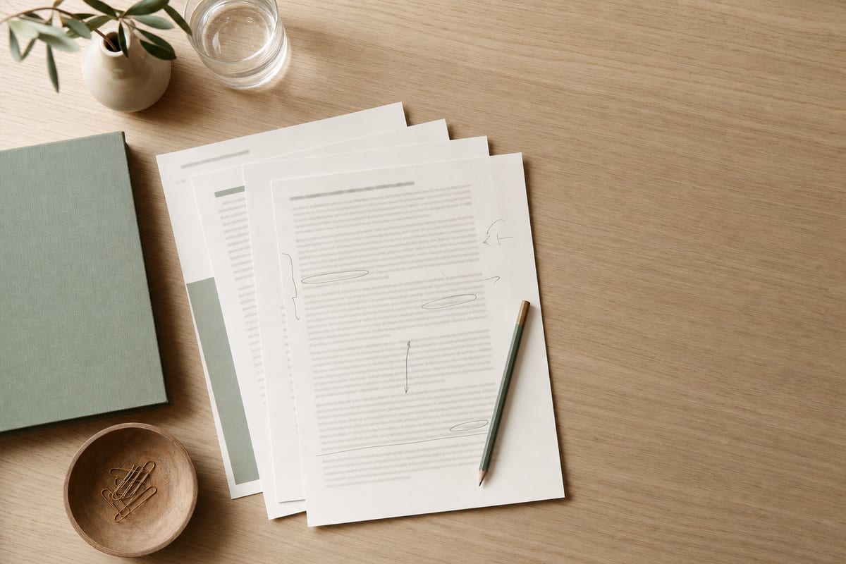 Sample Essays — several printed papers fanned across a desk, the top one lightly annotated