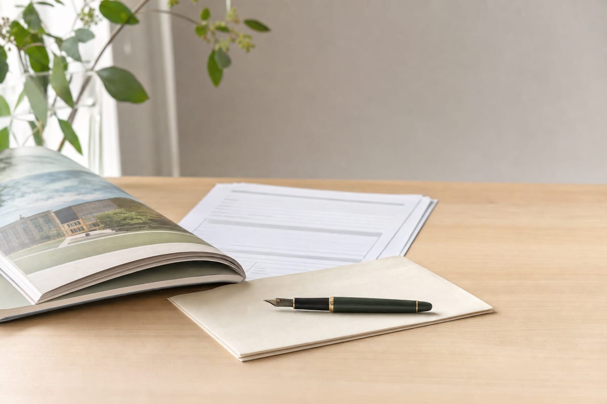 Scholarship Essay — university prospectus, a printed application form and a fountain pen on a folded letter