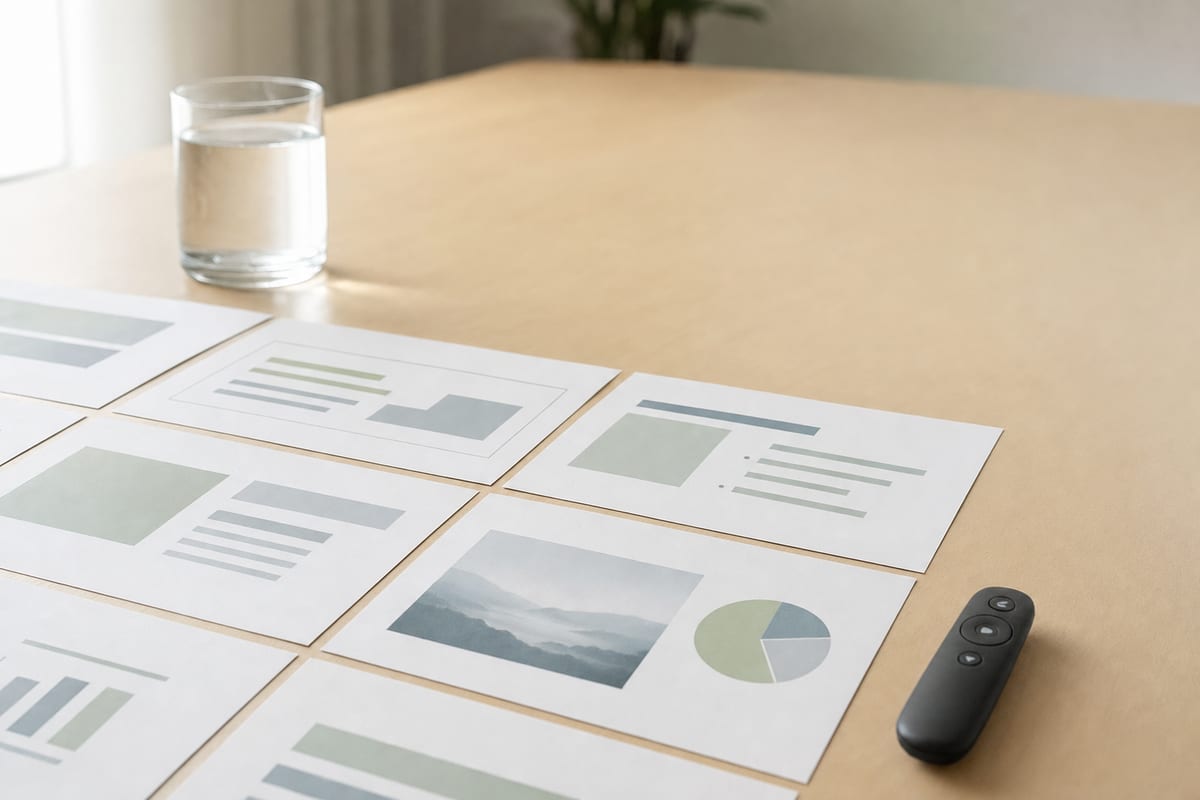 Speech Presentation — printed slide handouts laid in a grid, a clicker and a glass of water