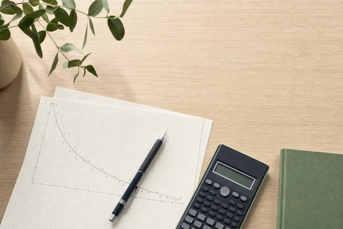 Statistics Project — graph paper with a hand-plotted curve, a scientific calculator and a mechanical pencil