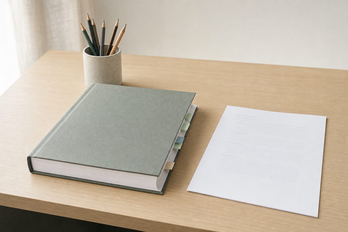 Thesis Proposal — thick bound manuscript with chapter tabs, a printed contents page and a pot of pencils