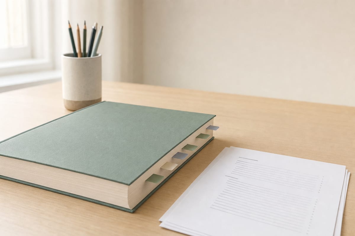 Thesis Writing — thick bound manuscript with chapter tabs, a printed contents page and a pot of pencils