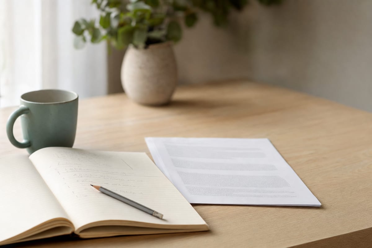 Write My Essay — open notebook with a short outline in pencil