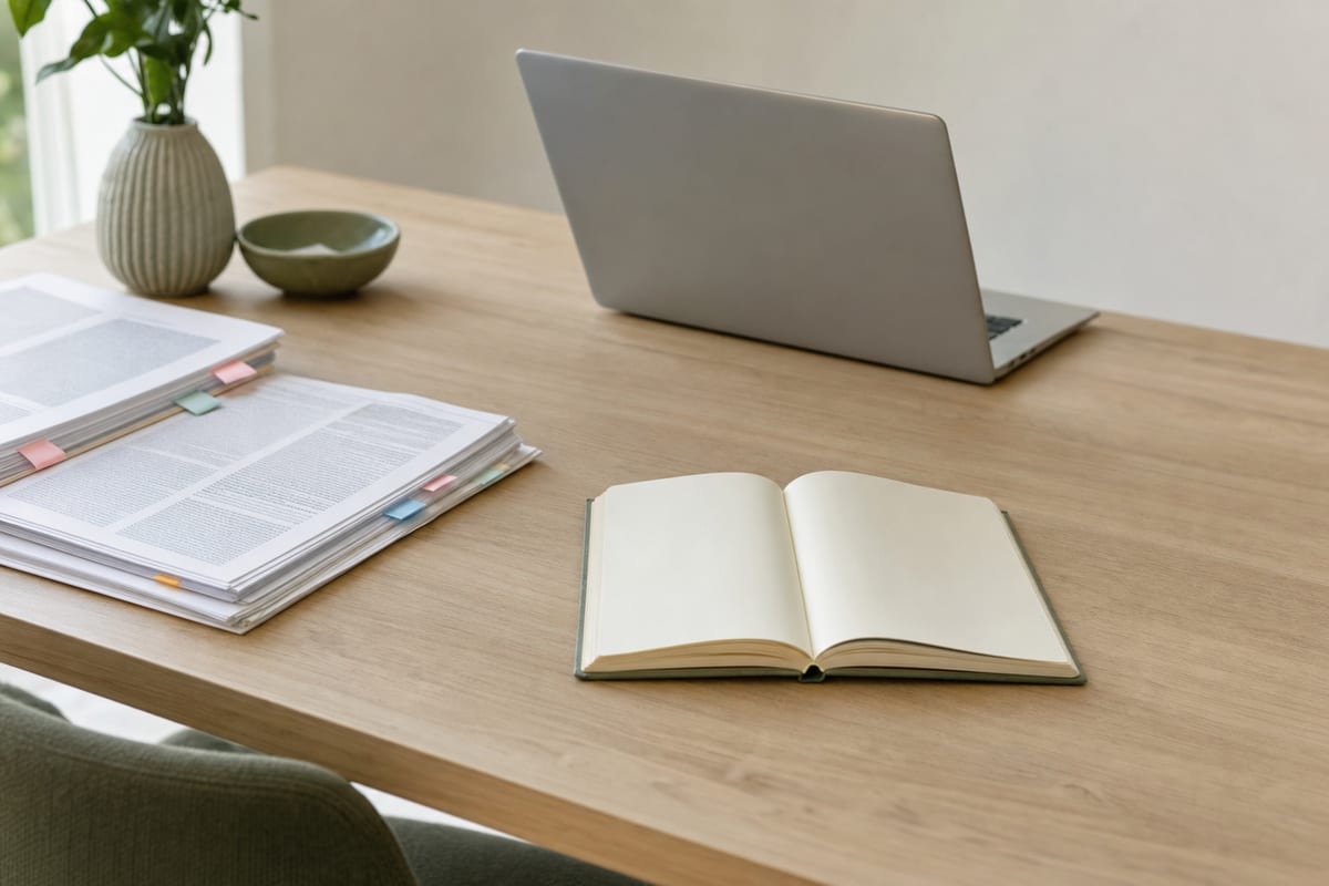 Write My Research Paper — printed journal articles with coloured tabs, an open notebook and a laptop turned away